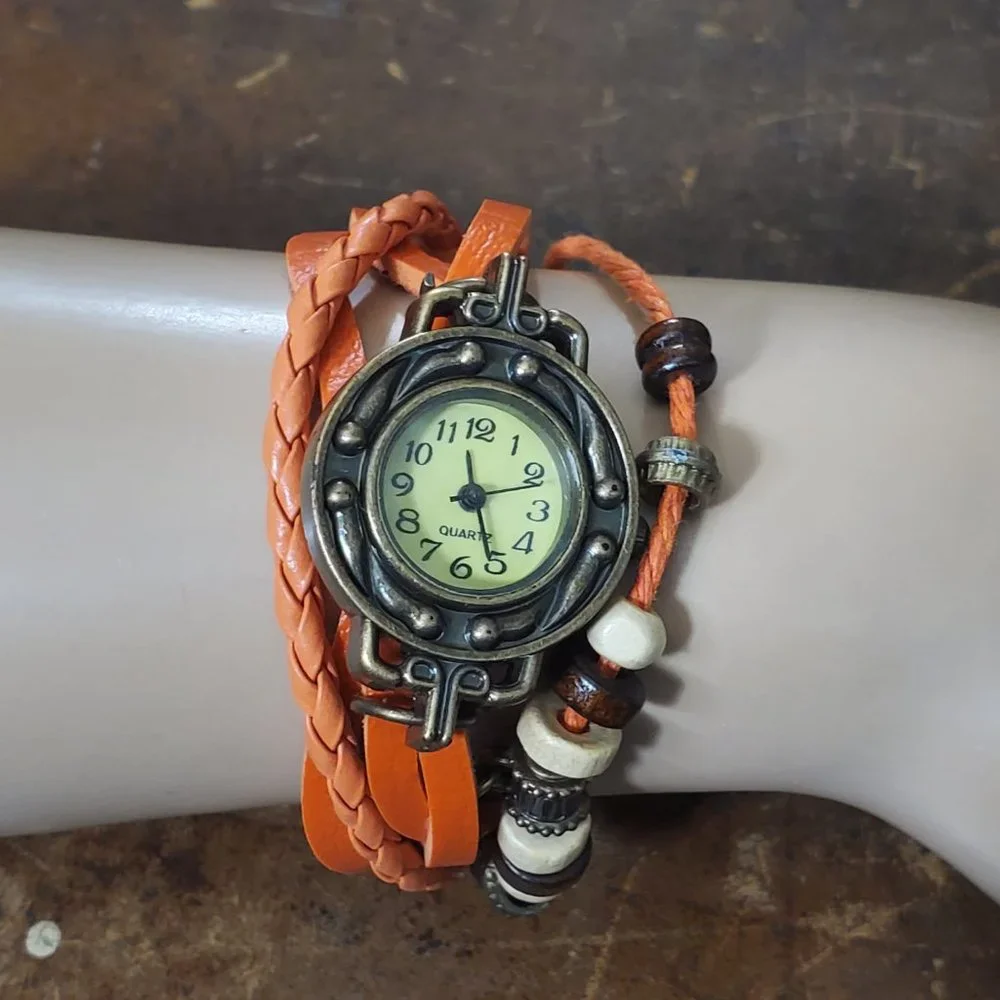 Beaded Bracelet Boho Watch - Leaf Charm - Orange - Picture 5 of 9